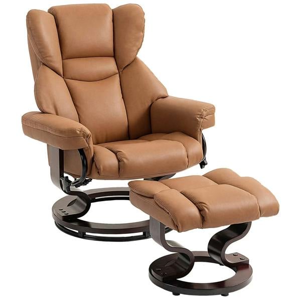 Brown faux leather reclining chair with matching ottoman footstool