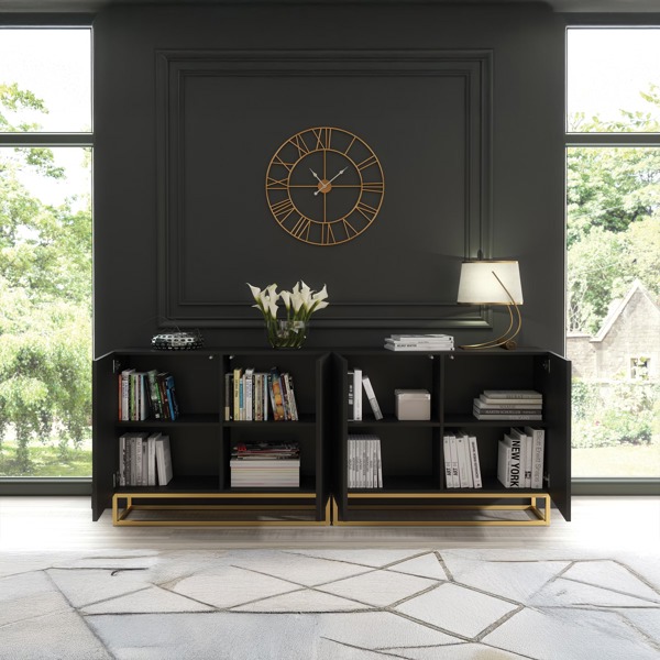 Mex Furniture Sophisticated Black Sideboard with Fluted Fronts & Gold Legs – 200cm Storage Unit