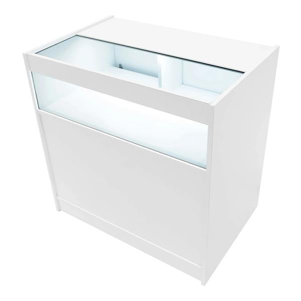 Europa LED Shop Counter Set in white, featuring a sleek design, glass display top, and illuminated interior for showcasing products