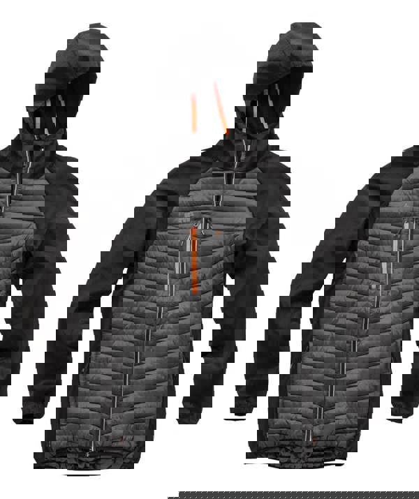 Scruffs Mens Trade Thermo Jacket Zip Up Work Warm Hooded Jacket Coat, black and grey insulated work jacket with orange accents and a hood.