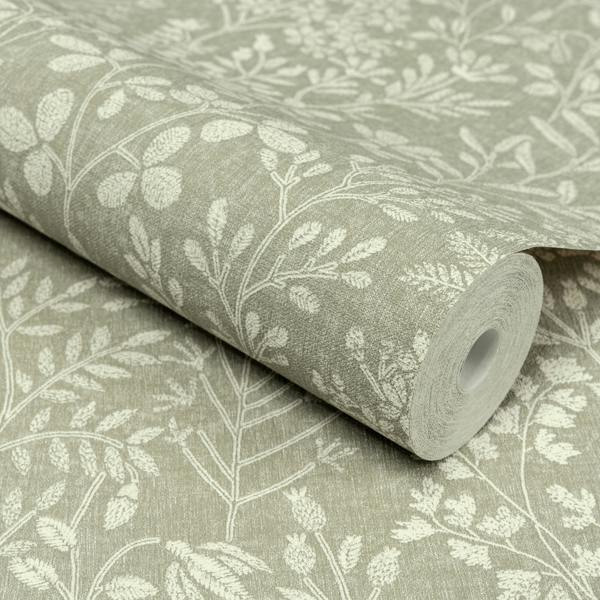 Grandeco Embroidery Stitched Organic Foliage Trail Wallpaper, Green