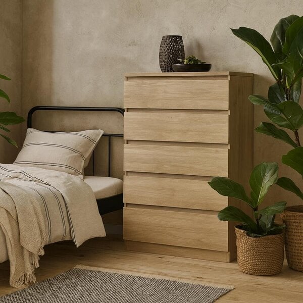 Wyld Haus Budapest Tall Natural Oak Effect Wooden Chest 5 Drawers
