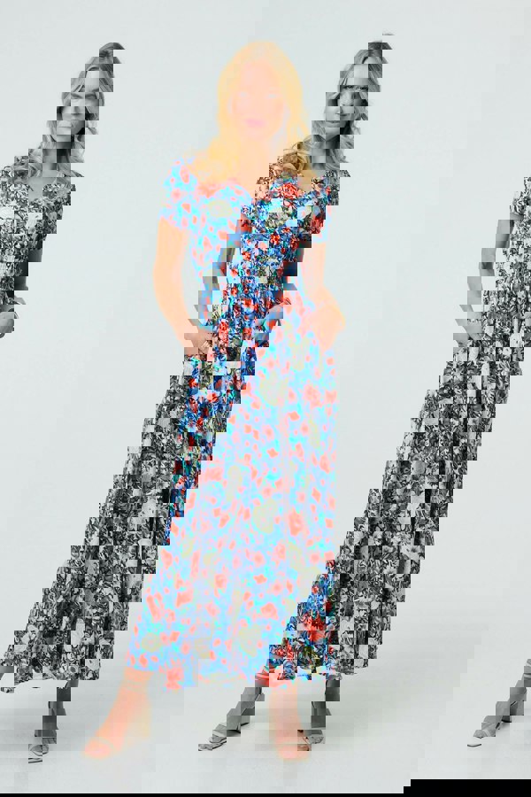Blue | Floral Short Sleeve Maxi Smock Dress
