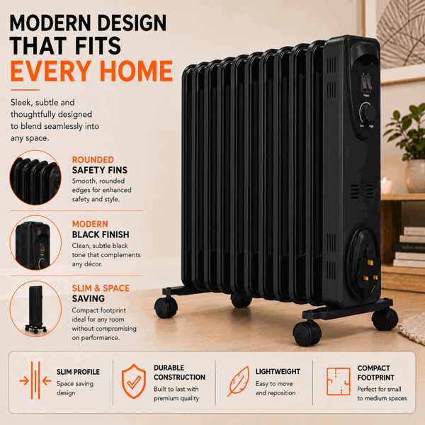 MYLEK Oil Filled Radiator 2500W Portable Heater Thermostat 3 Heat Settings Grey