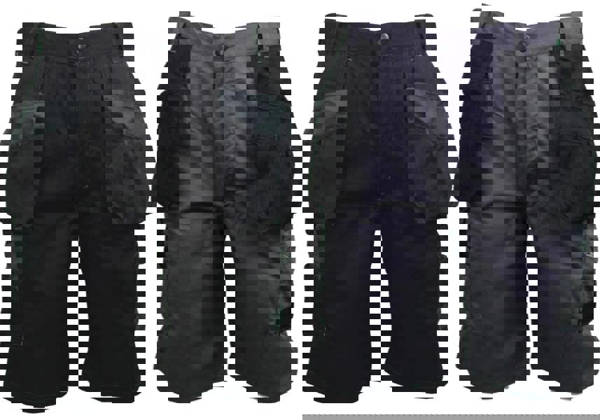 Himalayan Mens Multi-Pocket Work Trade Cargo Pockets Shorts, black and gray cargo shorts with multiple pockets and durable fabric for work and outdoor activities.