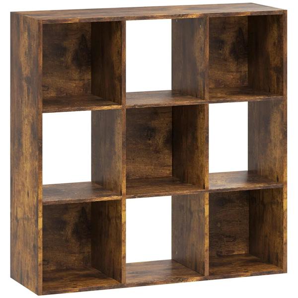 Rustic brown 9-cube storage unit with open square shelves, 3-tier design
