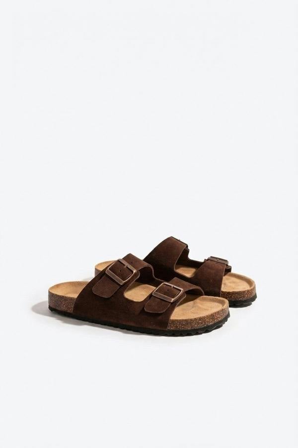 Harper Womens Double Buckle Cork Slide Sandals - BROWN_wb