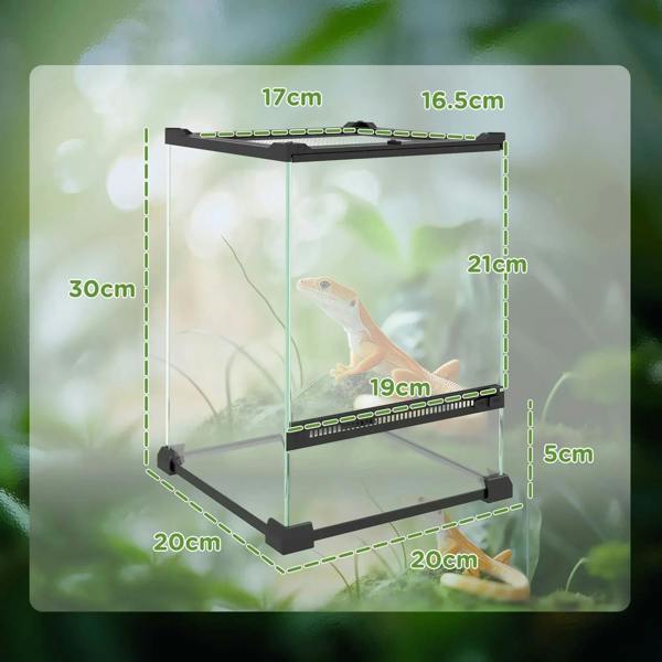 Black-framed clear glass reptile vivarium with size guides shown for each panel