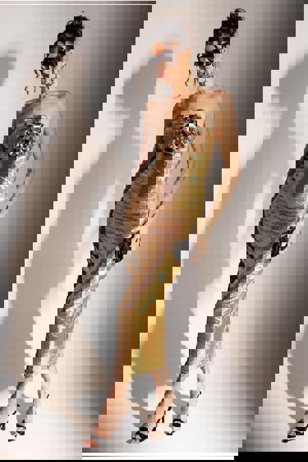 Liquid Sequin Boobtube Midaxi With Corsage - Gold DR4126