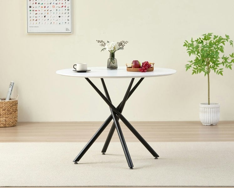 Indoor Living Seattle Circle Stone White Concrete Dining Table with starburst black legs