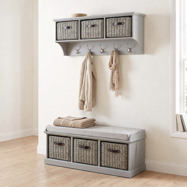 Statement Furniture Tetbury Large Hallway Set with Storage Baskets and Cushion Seat - Dove Grey