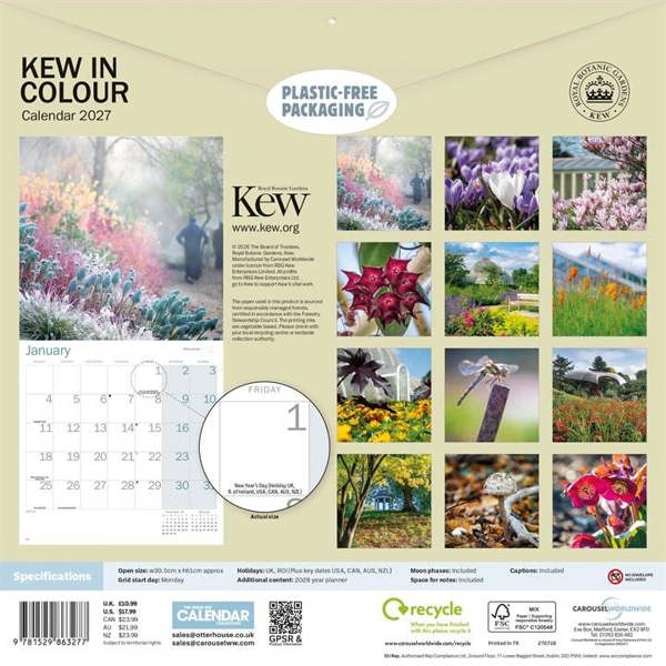 Royal Botanic Gardens, Kew In Colour Calendar 2027, Wall Calendars, Month To View, Lifestyle, Gift