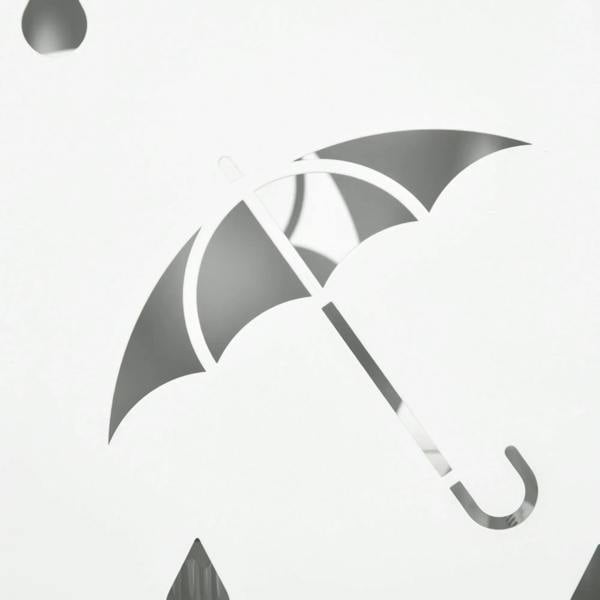 White umbrella stand close-up of umbrella graphic with raindrop print
