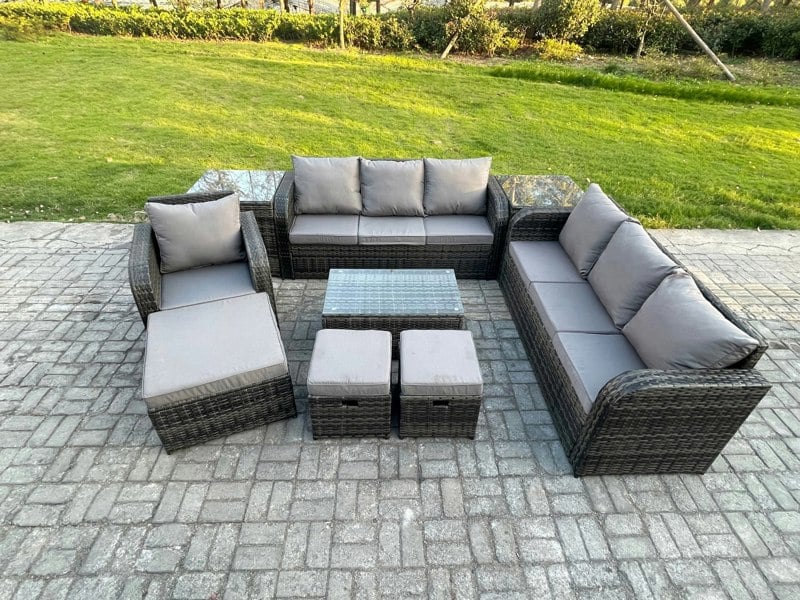 Fimous 10-Seater Rattan Outdoor Lounge Sofa Set | Rectangular Coffee Table, 3-Seater Sofa, 3 Footstools, 2 Side Tables - Dark Grey