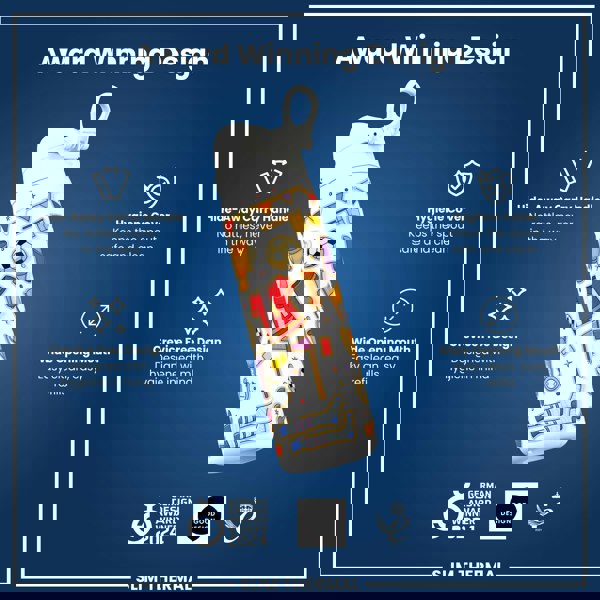 A white water bottle, decorated with sports-themed illustrations, is shown against a dark blue background; features highlighted include a hide-away handle, hygiene cover, and wide mouth. The bottle is labeled "Slim Thermal" and is a 2024 German Design Award winner.