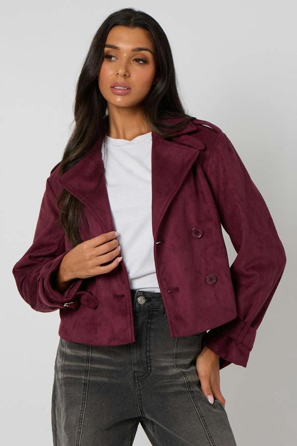 Urban Bliss Plum Cropped Faux Suede Trench