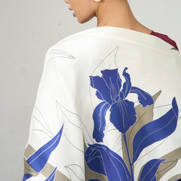 Navy Botanical Twill Silk Scarf – Printed Mulberry Silk, Office Wrap & Gift