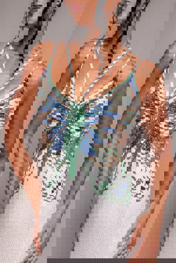 Sequin Butterfly Front Split Maxi Dress - White DR4609