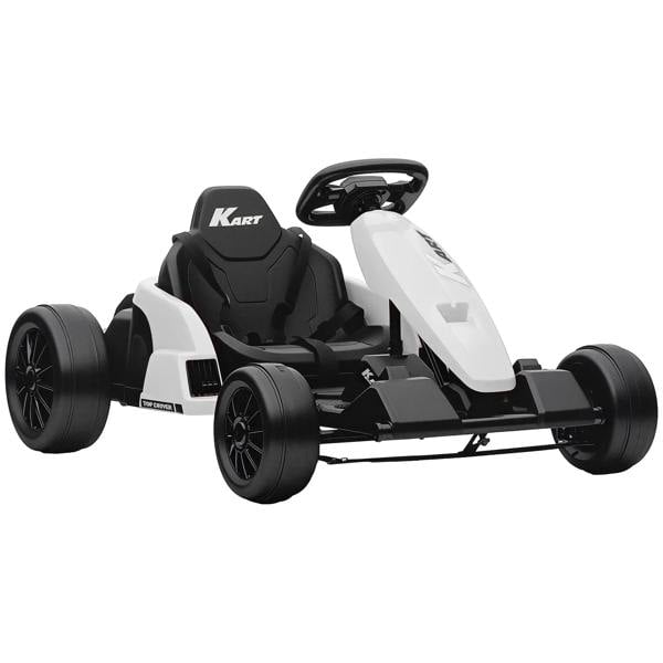 White 24V electric drift go-kart with adjustable seat and 5-point harness, front view
