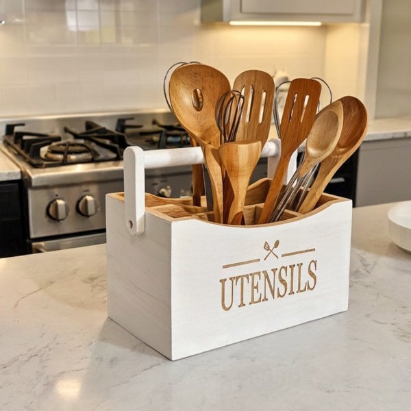 Wooden utensils in a white caddy labeled 'UTENSILS' on a kitchen counter.