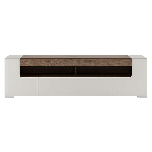 Wyld Haus Porto Wide Gloss White TV Cabinet with Oak Detail 2 Doors and 2 Drawers
