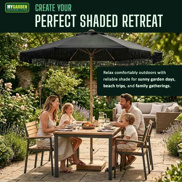 My Garden Outdoor Living Parasol Umbrella 2M - Outdoor Sun Umbrella with Tassels, Air Vent, Steel Pole & Carry Bag for Patio Umbrella Parasol