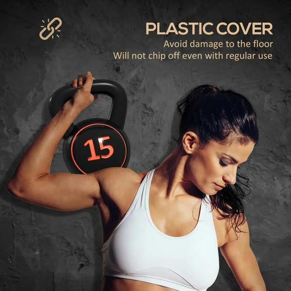 15 lb black kettlebell with protective plastic cover over handle grip