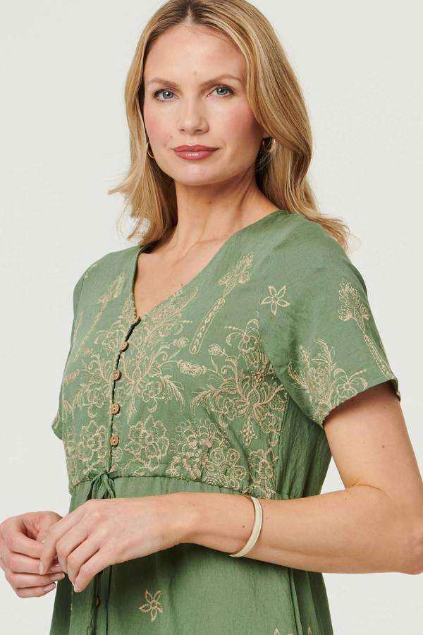Green | Floral Embroidered Knee Length Dress