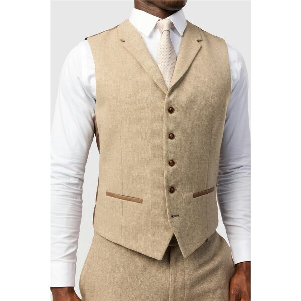 Antique Rogue Slim Fit Baxter Camel Herringbone Tweed Waistcoat