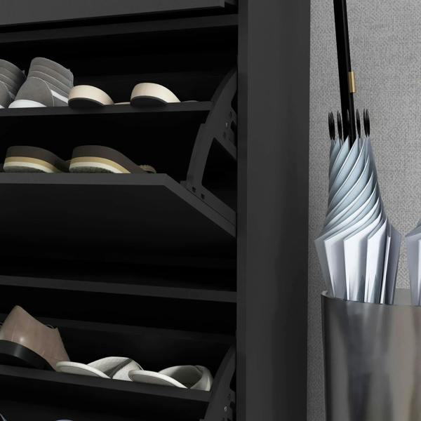 Black shoe cabinet interior with multiple shoe slots and side umbrella holder