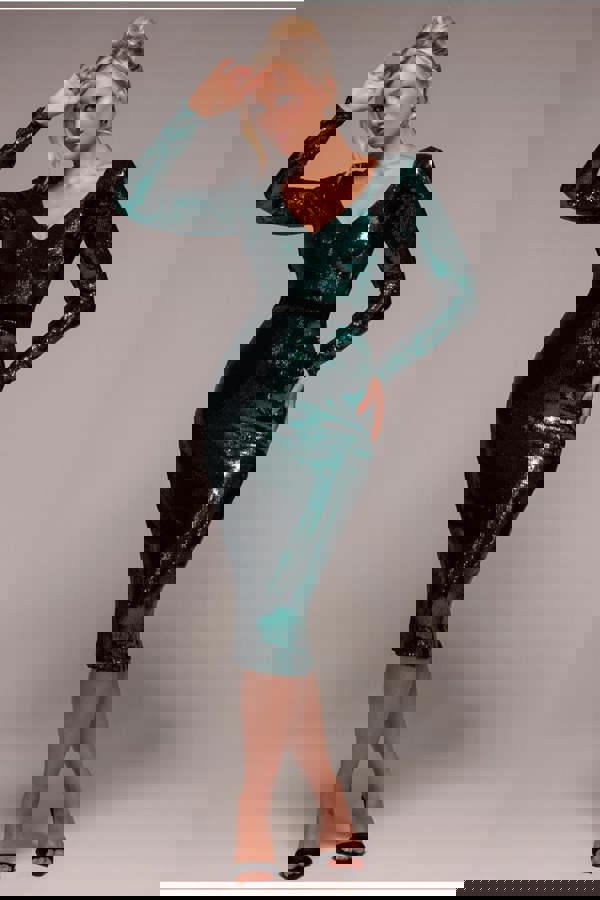 Liquid Sequin Midi With Corsage - Emerald Green DR4072