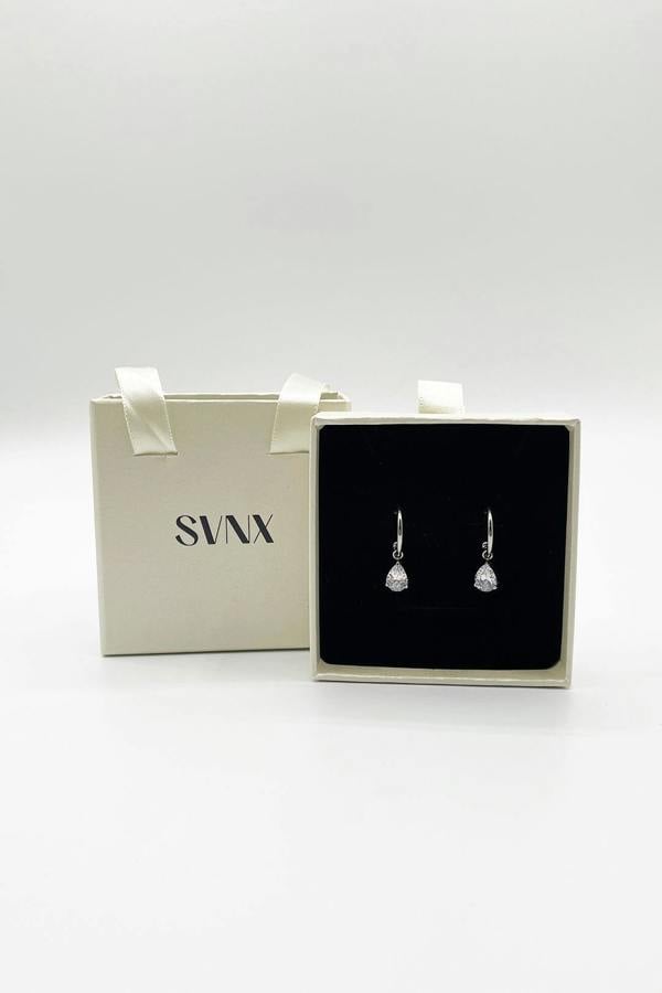SVNX Rhinestone Teardrop Earrings in Silver - Gift Boxed