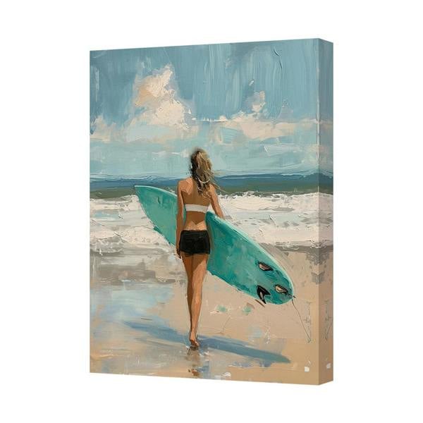 Benjamin Tate Design Contemporary Beach Woman Canvas Print With Surfboard Wall Art