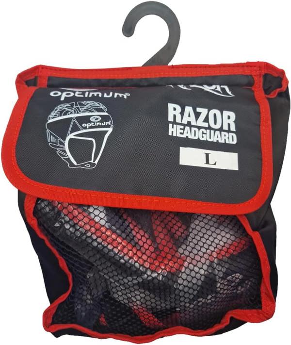 Optimum Razor headguard in black and red mesh drawstring bag with hanger and branded label, on white - Optimum