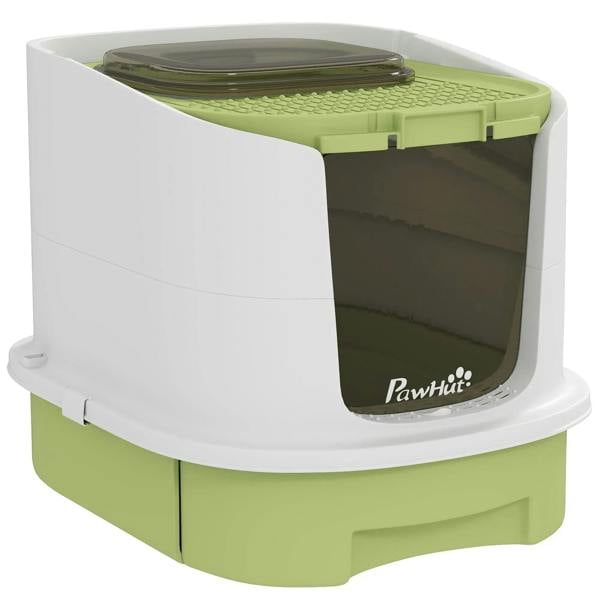 Green top-entry cat litter box with lid, front window, and scoop on top (PawHut!)