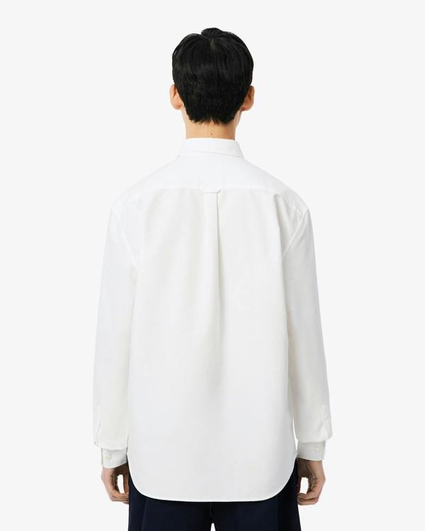 Lacoste Casual Oxford Mens Long Sleeve Shirt - White/White 800 | CHO | Designer Mens Long Sleeve Shirts
