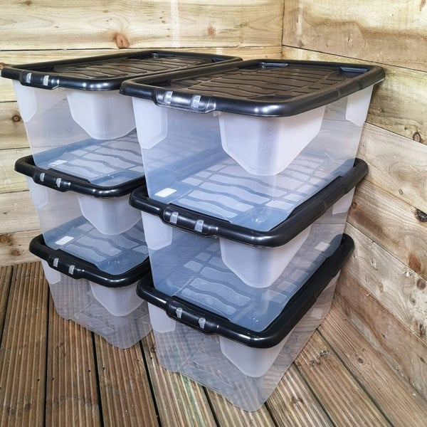 Samuel Alexander 6 x 42L Clear Storage Box with Black Lid, Stackable and Nestable Design Storage Solution