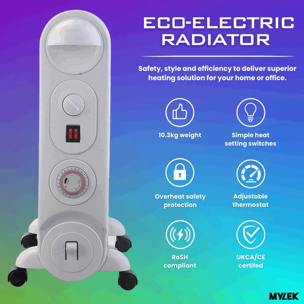 Mylek Oil Filled Radiator Electric Heater, Portable, Thermostat and 24hr Timer by Mylek 2000w