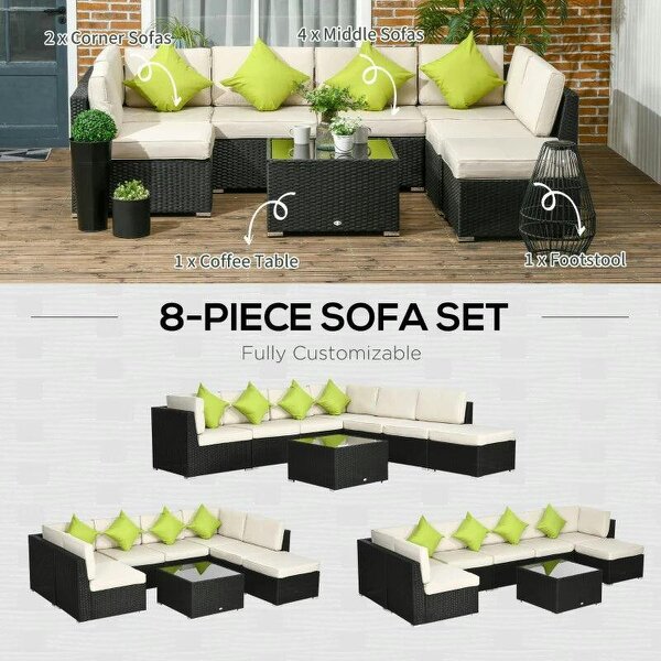 8 Pieces PE Rattan Corner Sofa Set, Patio Wicker Sofa Seater with Cushion, Washable Cushion Cover & Tempered Glass Table, Khaki
