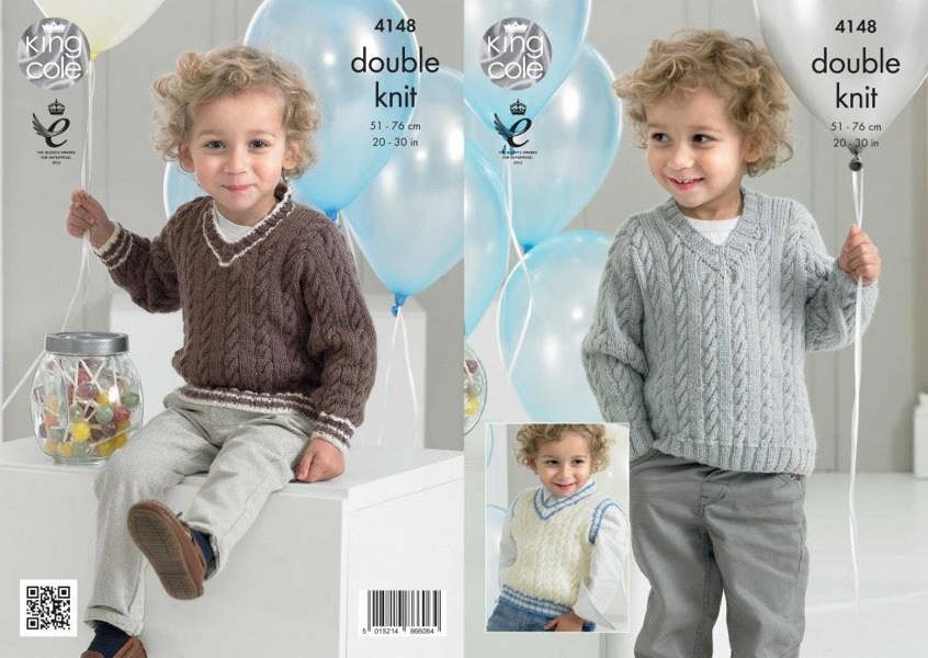 King Cole Comfort Knitting Pattern 4148, Tops, Slipovers, Sweaters for Kids, 20 - 30 Inches - Intermediate