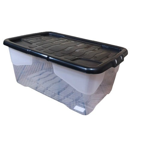 Samuel Alexander 8 x 42L Clear Storage Box with Black Lid, Stackable and Nestable Design Storage Solution