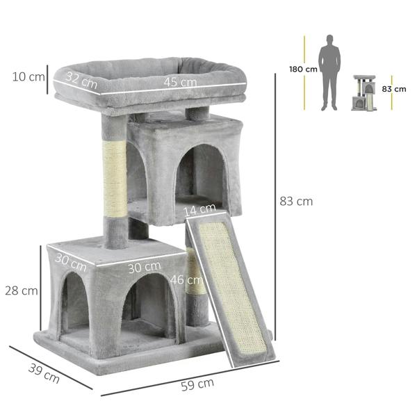 Grey cat climbing tower with size markings, plush platforms, sisal posts, and angled ramp