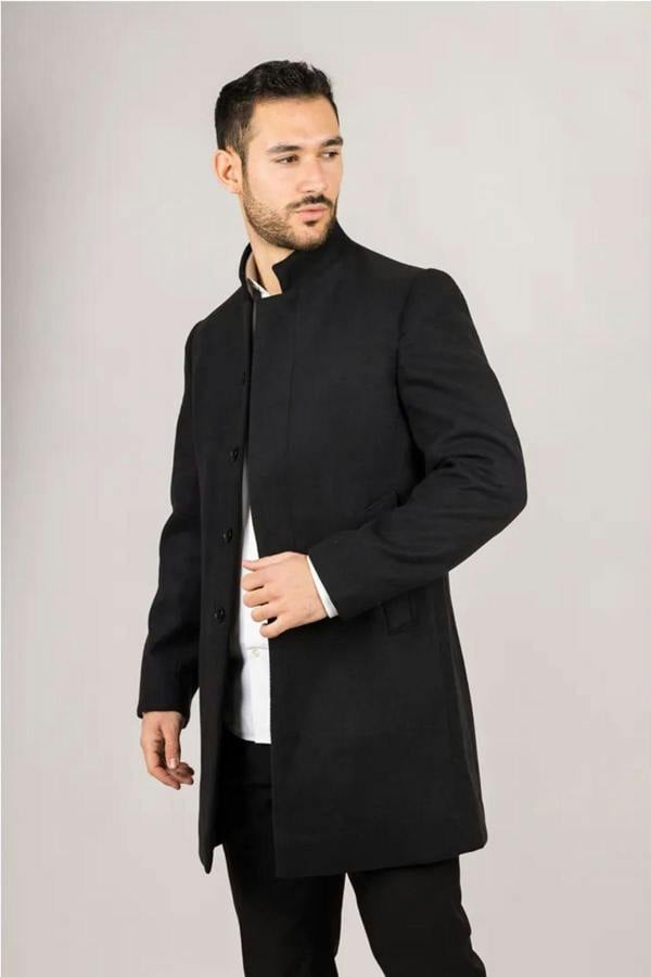 Infinity Leather Men's Black Stand Collar Wool Blend Overcoat