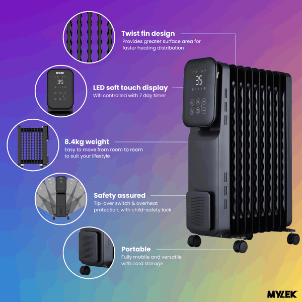 MYLEK Oil Filled Digital WiFi Smart App Enabled Heater - 3 Heat Settings & 24-Hour Timer 2000w