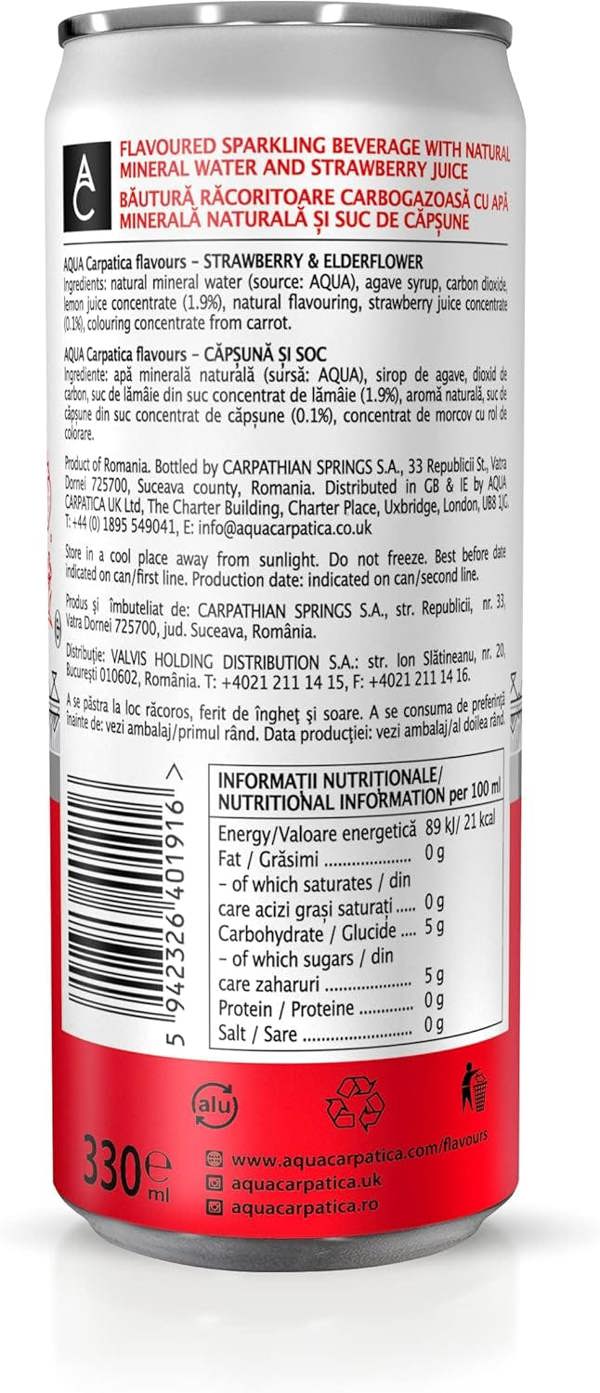Aqua Carpatica Strawberry & Elderflower Flavoured Sparkling Water 6x330ml