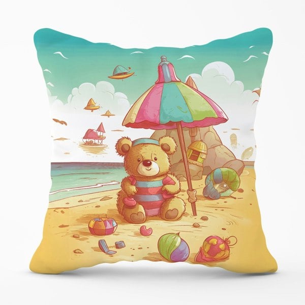 Warren Reed Lucky Teddy Bear On A Beach Holiday Cushions