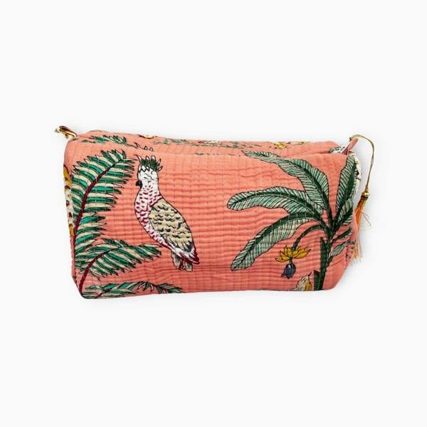 Hayley & Co Jungle Print Cotton Washbag, Make Up Bag, Pencil Case with Waterproof Lining - Jungle Animal Print in Peach