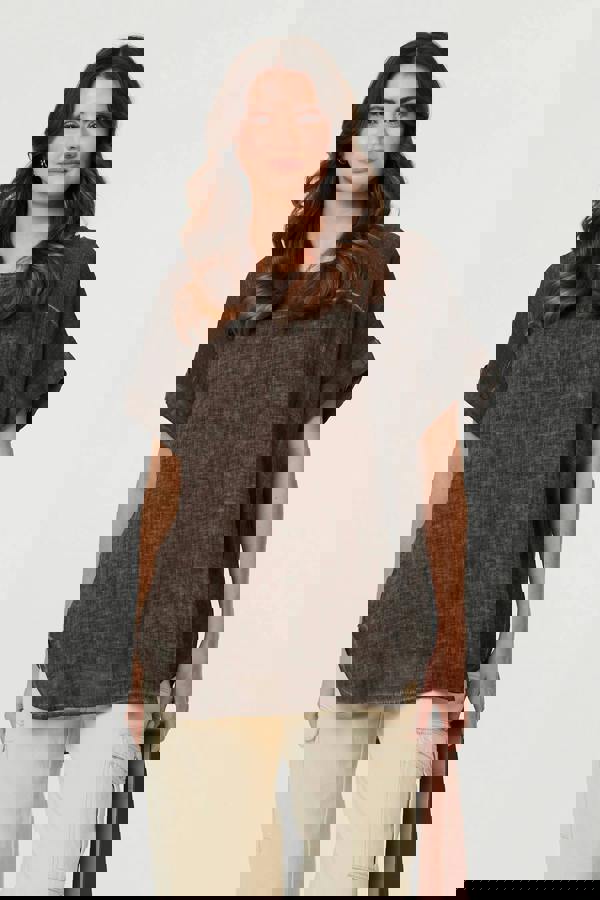 Brown | Contrast Texture Relaxed Curve Hem Top