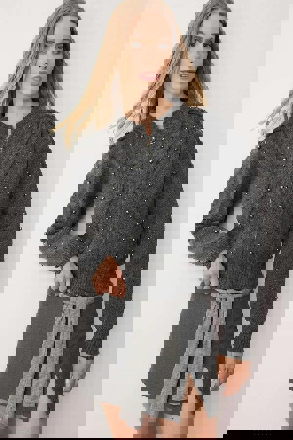 WOVCOR Soft Textured Zippered Knit Cardigan with Stone Details