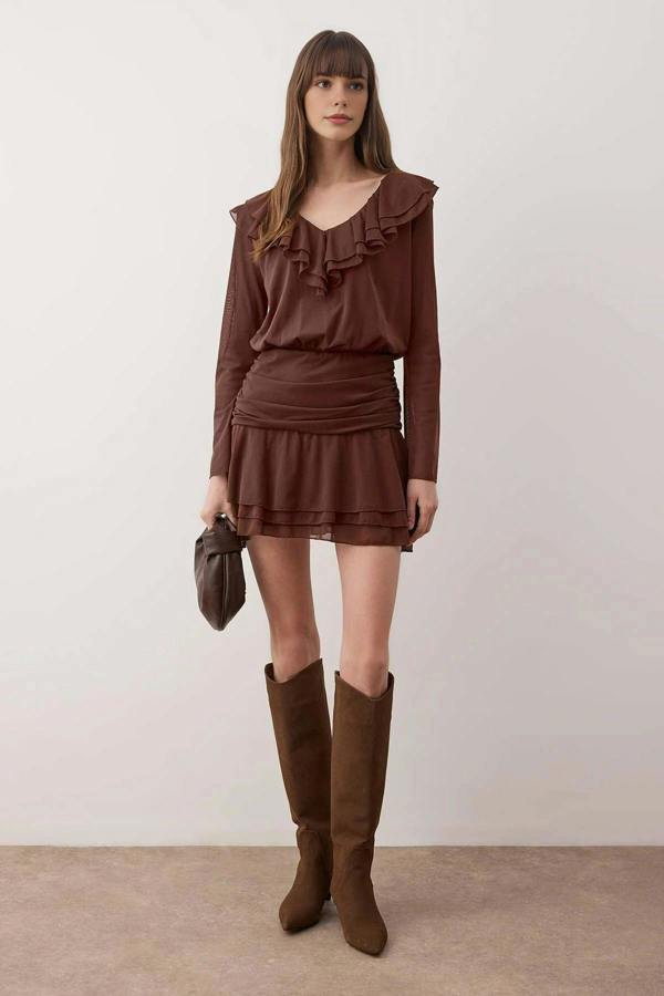 WOVCOR Ruffle Fitted Mini Stretch Knit Dress